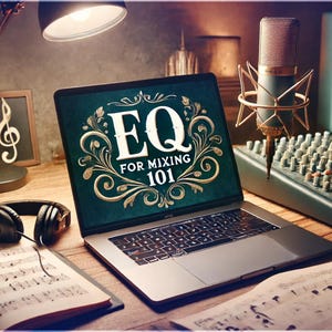 May include: A laptop computer with a green screen displaying the text "EQ for Mixing 101" in gold lettering with a gold floral design. The laptop is on a wooden desk with a microphone, a mixing board, and a pair of headphones.