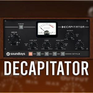 May include: A Soundtoys Decapitator audio plugin interface with a wood-grain background. The interface has a variety of knobs and buttons, including a large meter in the centre. The text "Decapitator" is displayed in large letters at the top of the interface.