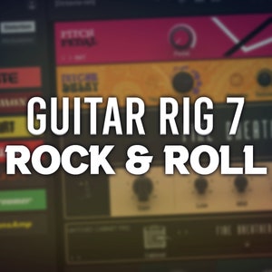 Könnte beinhalten: Ein Screenshot eines Computerbildschirms, der eine digitale Audio-Workstation mit dem Text "GUITAR RIG 7 ROCK & ROLL" in der Mitte zeigt. Der Bildschirm zeigt eine Vielzahl von Audio-Effekt-Plugins, darunter einen Pitch-Shifter, ein Delay und ein Distortion-Pedal.