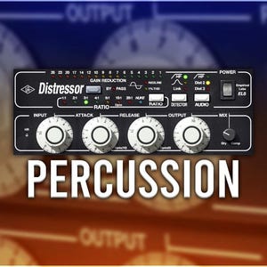 May include: A black and silver audio compressor with the text "Distressor" and "PERCUSSION" on it. The compressor has knobs for input, attack, ratio, release, output, and mix. It also has a power switch and a dry/comp switch.