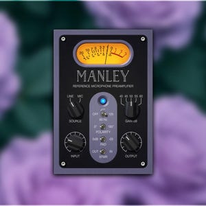 May include: A black and gray Manley Reference Microphone Preamplifier with various knobs and dials. The device features a central meter with a yellow face and a needle. The background is a blurred image of purple flowers.