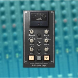 May include: A black G-Master Buss Compressor by Solid State Logic. The device features knobs for Threshold, SC Filter, Attack, Ratio, Make-Up, Release, and Rate. It also has a compression meter and buttons labelled In, Analog, and Fade In.