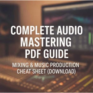 Puede incluir: Imagen de una consola de mezclas de sonido con un monitor de ordenador que muestra un software de edición de audio. El texto dice "COMPLETE AUDIO MASTERING PDF GUIDE" y "MIXING & MUSIC PRODUCTION CHEAT SHEET (DOWNLOAD)". El fondo está borroso.