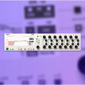 May include: A white audio equalizer labelled "WEISS EQ1" with numerous black knobs and buttons. It features a display showing a waveform. The background is a blurred purple.