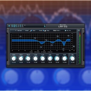 Könnte beinhalten: Eine digitale Audio-Equalizer-Oberfläche mit einem dunkelgrauen und schwarzen Design. Die Oberfläche zeigt ein blaues Wellenformdiagramm mit einstellbaren Knöpfen und Frequenzreglern. Der Text "Blue Cat's LINY EQ" ist oben sichtbar.