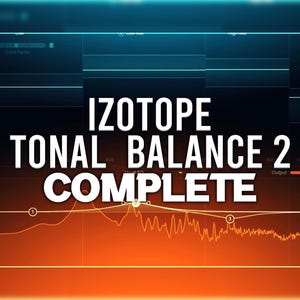 Puede incluir: Interfaz de estación de trabajo de audio digital con el texto "IZOTOPE TONAL BALANCE 2 COMPLETE" en blanco. La interfaz muestra un gráfico de forma de onda con líneas naranjas y blancas sobre un fondo degradado azul oscuro y naranja.
