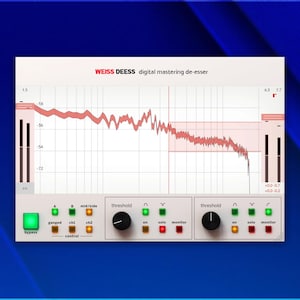 May include: A digital audio de-esser interface with a white background and a blue border. The interface displays a red waveform graph and control knobs. The text "WEISS DEESS digital mastering de-esser" is at the top.