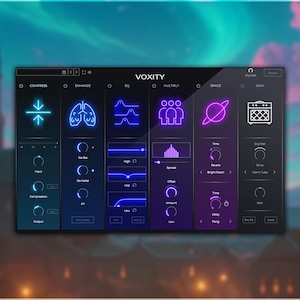 Könnte beinhalten: Eine digitale Audio-Workstation (DAW)-Oberfläche mit dunklem Thema und neonblauen und -violetten UI-Elementen. Die Oberfläche ist mit "VOXITY" beschriftet und verfügt über verschiedene Bedienelemente zur Audioverarbeitung.
