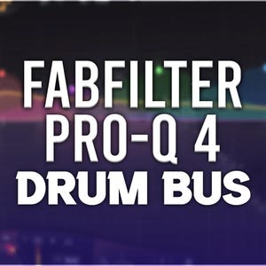 Può includere: Immagine dell'interfaccia FabFilter Pro-Q 4 Drum Bus. Il testo è in bianco, con uno sfondo scuro e grafici di onde sonore colorate. L'immagine è progettata per la produzione audio.