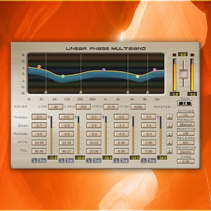 Peut inclure: Interface de traitement audio numérique "LINEAR PHASE MULTIBAND" avec un affichage d'égaliseur graphique. L'interface comporte divers curseurs, boutons et affichages numériques, sur fond orange et blanc.