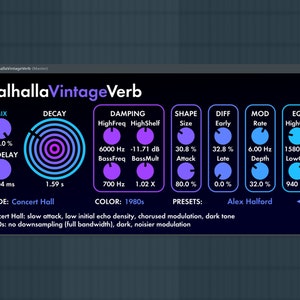 Valhalla VintageVerb is a powerful reverb plugin designed to deliver lush, atmospheric sound inspired by vintage digital hardware from the 1970s and 1980s. With 18 high-quality reverb algorithms including plate, room, hall, chamber, and nonlinear modes, it offers deep control over decay, modulation, tone shaping, and diffusion. Ideal for music production, mixing, and sound design, it enhances vocals, drums, synths, and more. Perfect for achieving retro or modern ambience