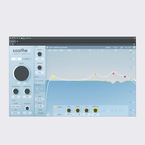 Screenshot of Soothe2 plugin interface by oeksound, showcasing advanced dynamic resonance suppression with intuitive controls for frequency and intensity. Designed to reduce harshness and unwanted frequencies in vocals, instruments, and mixes