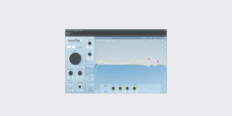 Screenshot of Soothe2 plugin interface by oeksound, showcasing advanced dynamic resonance suppression with intuitive controls for frequency and intensity. Designed to reduce harshness and unwanted frequencies in vocals, instruments, and mixes