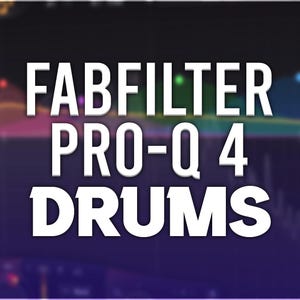May include: A purple and blue background with a white text overlay that reads "FABFILTER PRO-Q 4 DRUMS".