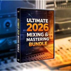 Puede incluir: Una caja de DVD para el "Ultimate 2026 Mixing & Mastering Bundle" se muestra sobre un fondo borroso de equipos de audio. El título está en letras grandes de color naranja, con las palabras "Mixing & Mastering Bundle" en blanco. El lomo dice "Ultimate 2026 Mixing Bundle."