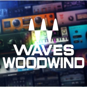 Pode incluir: Um logotipo branco com o texto "WAVES WOODWIND" em um fundo desfocado de plugins de áudio coloridos. O logotipo apresenta quatro ondas brancas estilizadas.