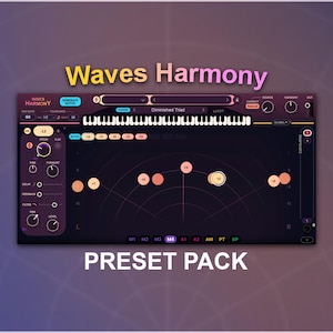 Pode incluir: Interface de estação de trabalho de áudio digital (DAW) com o texto "Waves Harmony" e "Preset Pack". A interface possui um teclado, botões e botões. O fundo é um gradiente de roxo e azul.