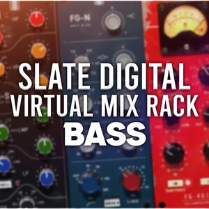 Könnte beinhalten: Slate Digital Virtual Mix Rack Bass Plugin-Oberfläche mit mehreren Knöpfen und einem VU-Meter. Die Oberfläche ist rot, blau und schwarz.