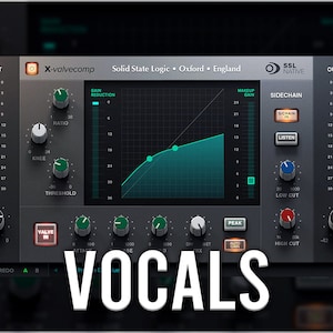Puede incluir: Una captura de pantalla de una interfaz de plugin de estación de trabajo de audio digital con el texto "VOCALS" en letras blancas grandes. El plugin se llama "X-valvecomp" y está hecho por "SSL Native". El plugin tiene una variedad de controles, incluyendo perillas para ganancia, relación, umbral, ataque, liberación, y más.