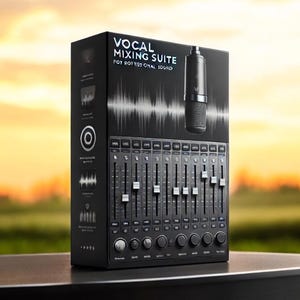 May include: A black box with the text "Vocal Mixing Suite" and "For Polished Vocal Sound" on the front. The box features a microphone and a graphic of a mixing board with sliders and knobs.