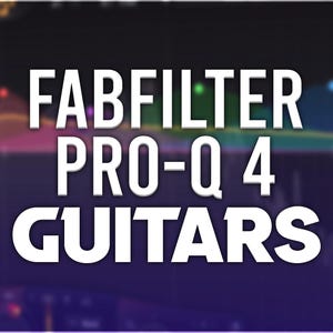 Peut inclure: Un graphique de texte blanc sur un fond violet avec un spectre audio flou en arrière-plan. Le texte indique "FABFILTER PRO-Q 4 GUITARS".