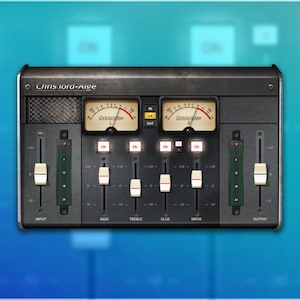 Pode incluir: Uma mesa de mistura de áudio preta com vários controles deslizantes, mostradores e medidores. A mesa tem o texto "Chris Lord-Alge" impresso na parte superior. Os medidores têm um ponteiro que aponta para a direita. A mesa tem as palavras "Bass", "Treble", "Glue", "Drive" e "Output".