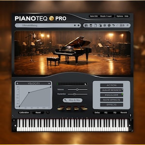 Op de afbeelding: De PianoTeq 9 Pro software-interface toont een virtuele piano met een vleugel op het scherm. De interface bevat bedieningselementen voor velocity, volume, dynamiek en effecten, met een virtueel toetsenbord aan de onderkant.