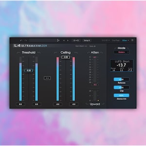 Pode incluir: Uma interface de processamento de áudio digital com o texto "L4 ULTRAMAXIMIZER". A interface apresenta controles deslizantes, visores numéricos e botões com rótulos como "Threshold", "Ceiling" e "Atten". O fundo é um gradiente rosa e azul.