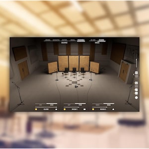 Puede incluir: Una representación digital de un estudio de sonido con micrófonos, altavoces y paneles de insonorización. La interfaz muestra opciones para la configuración acústica, la selección de fuente y los ajustes de modo. La habitación está iluminada con tonos cálidos.