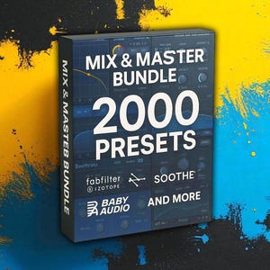 Può includere: Una scatola blu scuro con il testo "MIX & MASTER BUNDLE" e "2000 PRESETS" in bianco. La scatola presenta anche i loghi di "fabfilter", "iZotope", "BABY AUDIO" e la parola "SOOTHE". Lo sfondo è un mix di vernice gialla, nera e blu.