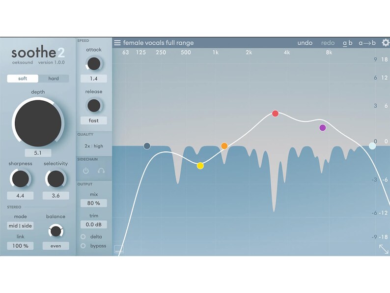 Screenshot of Soothe2 plugin interface by oeksound, showcasing advanced dynamic resonance suppression with intuitive controls for frequency and intensity. Designed to reduce harshness and unwanted frequencies in vocals, instruments, and mixes