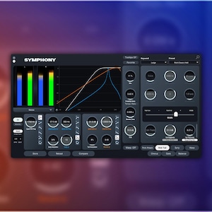 May include: A dark grey software interface labelled "SYMPHONY". It features audio spectrum displays, graphs, and numerous control knobs and sliders. The background has a gradient of orange, purple, and blue.