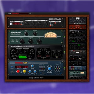 May include: A wooden rack of audio equipment with various controls, meters, and displays. The rack includes components labeled "EFFECT RACK", "RADIATOR", "FilterFreak", and "Stereo Tap". The text "Drop Effects Here" is visible at the bottom.