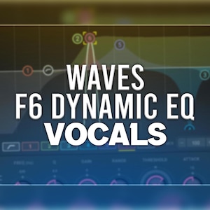 May include: A digital audio workstation (DAW) interface with the text "WAVES F6 DYNAMIC EQ VOCALS" in white. The interface displays a graphical equalizer with various controls and a colour scheme of blue, green, and pink.