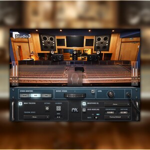 May include: A digital audio workstation interface with a detailed graphic of a recording studio. The interface has various controls, including dials, buttons, and sliders. The text "Studio3" is visible at the top. The background shows a recording studio.
