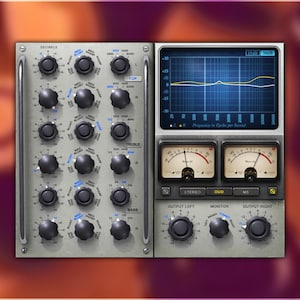 May include: A silver audio equalizer with numerous black knobs and dials. The left side features rows of knobs labeled with frequency ranges. The right side displays a blue screen with a waveform graph and two analog meters.