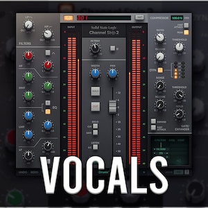 Puede incluir: Un primer plano de una interfaz de estación de trabajo de audio digital con un esquema de color rojo y gris. La interfaz está etiquetada como "Solid State Logic Channel Strip 2" y tiene varios botones y deslizadores para ajustar los niveles de audio, los filtros y los efectos. El texto "VOCALS" se muestra en letras blancas grandes en la parte inferior de la interfaz.