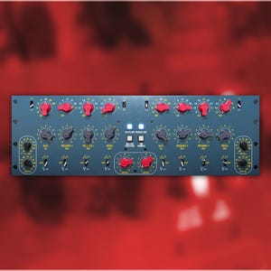 May include: A teal audio equalizer with numerous knobs and switches. It features red and black knobs, with labels for frequency and gain adjustments. The device is designed for audio mixing and sound engineering.