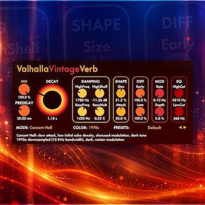 Puede incluir: Una interfaz de plugin de audio digital titulada ValhallaVintageVerb con un panel marrón oscuro y perillas circulares naranjas y rojas. La pantalla muestra ajustes para Mix, Decay, Damping, Shape, Diff, Mod y EQ con valores numéricos y etiquetas.