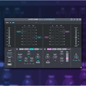 May include: A screenshot of a digital audio workstation plugin called "Auto-Tune Vocal Compressor". The plugin has a dark gray interface with blue and pink accents. The plugin has a variety of controls, including input and output gain, threshold, ratio, attack, release, and makeup gain. The plugin also has a dry/wet mix control.