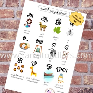 Tamil Alphabet Poster, Uyir ezhuthukkal poster, Tamil letters poster, Tamil poster, Tamil chart, Tamil letters chart,Learning Materials