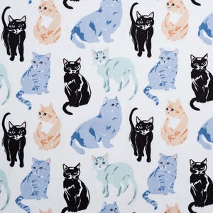 May include: A white background with a repeating pattern of cats in various poses. The cats are in shades of blue, orange, and black.