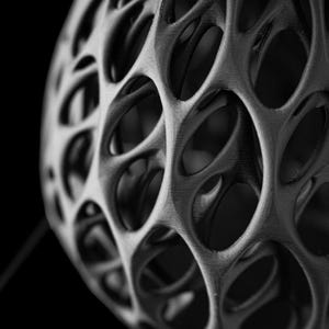 Peut inclure: Un objet sphérique noir mat présentant une structure en treillis complexe et interconnectée avec des vides ovales répétitifs. La surface affiche une finition finement texturée sur l'ensemble de la structure géométrique courbe.