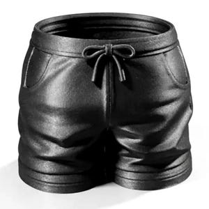 Peut inclure: Un objet sculptural tridimensionnel noir mat en forme de short de sport. L'article présente une surface texturée, une taille élastiquée définie avec un cordon de serrage noué au centre et deux poches latérales avec des coutures visibles.