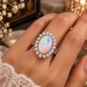 May include: A silver-toned ring featuring a large, oval-shaped cabochon opal with iridescent flashes of blue, pink, and green. The central opal is surrounded by a halo of small, marquise-cut clear stones set in a sunburst pattern on a metal band.