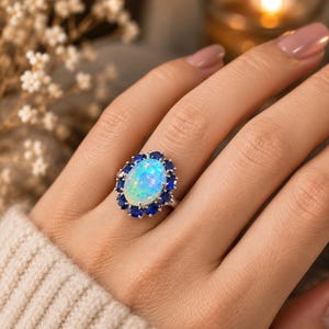 May include: A silver ring featuring a large, oval-shaped iridescent opal center stone surrounded by a halo of twelve small, round, deep blue sapphire gemstones. The ring is set in a polished metal band with a prong setting for each stone.