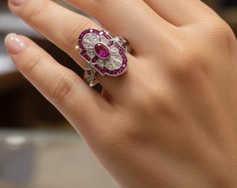 Bague cocktail art déco en rubis : argent style vintage, halo de diamants
