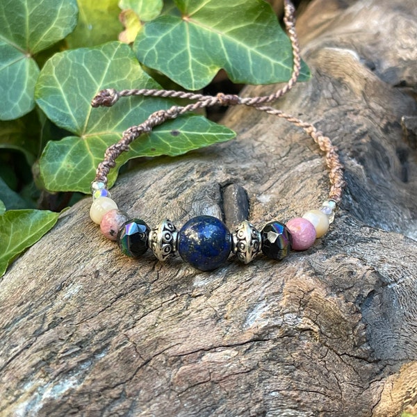 LapisLazuli, Rhodonit, Perlmutt, Glas und Silber Perlen Makramee verstellbar Stapelarmband Micro Makramee Schmuck Armband Fußkettchen