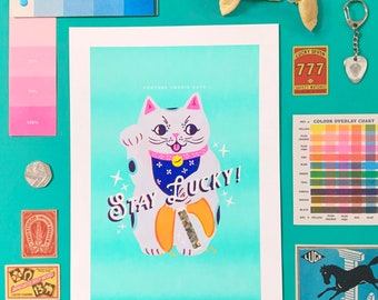 Fortune Cookie Lucky Cat A4 Riso / Risograph Print with Holographic Detail!