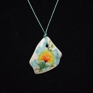 Safflower pendant, hand painted repurposed ceramic shard